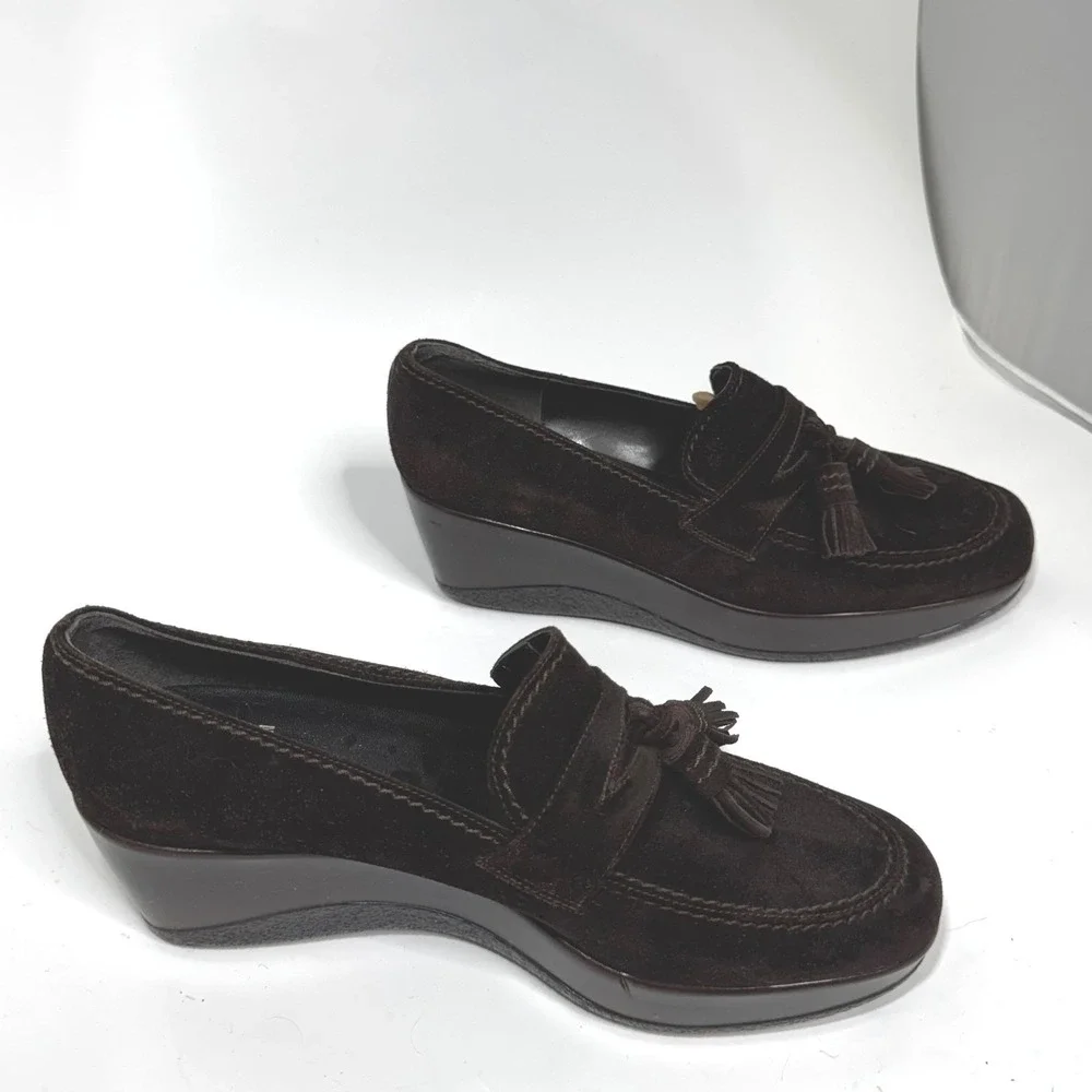 Stuart Weitzman Womens‎ Brown Suede Tassel Wedge Loafers Shoes Size 8 Spain